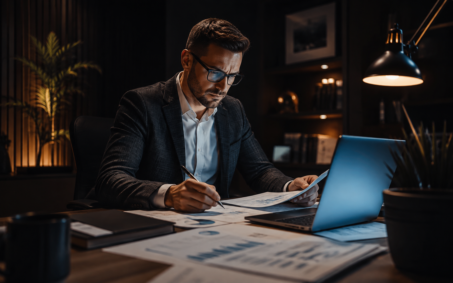 Business consultant reviewing financial reports and a laptop at a desk in a dark office
